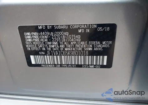 2019 Subaru Wrx Premium z USA, uszkodzony, nr VIN JF1VA1C65K9801018